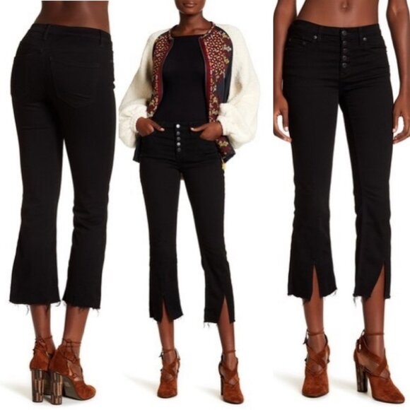 NWT Free People Cropped Button Front Black Jeans Size 24 Flare Denim Raw Hem NEW - Picture 2 of 12